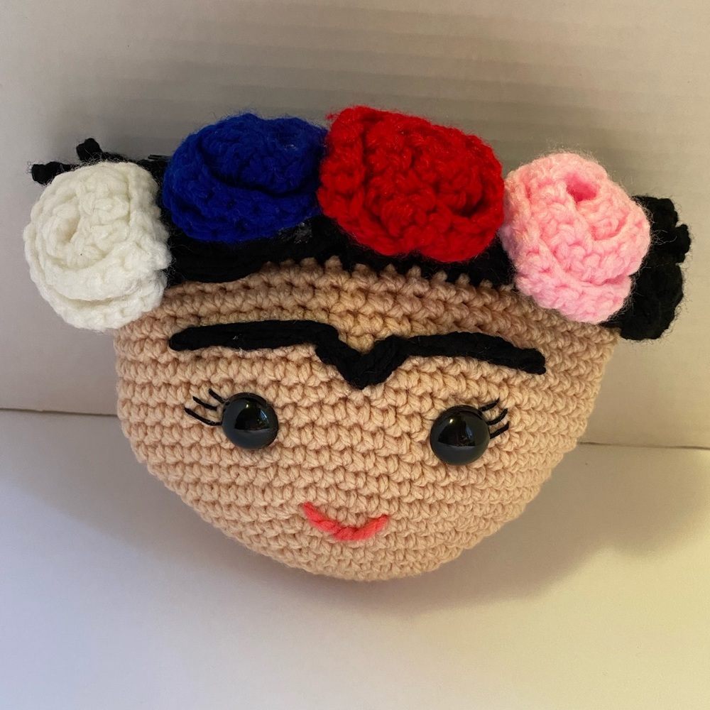 Handmade Crochet Frida Kahlo cosmetics pouch with Colorful Flowers